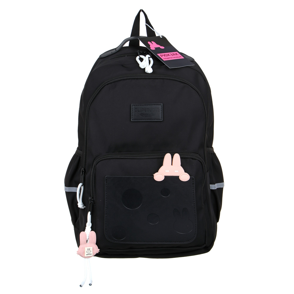 Рюкзак подростковый 45x30x17см, 2 отд., 4 карм., вставка "зайчик", ПЭ, иск.кожа, подвеска, черный, арт.№ 254-763