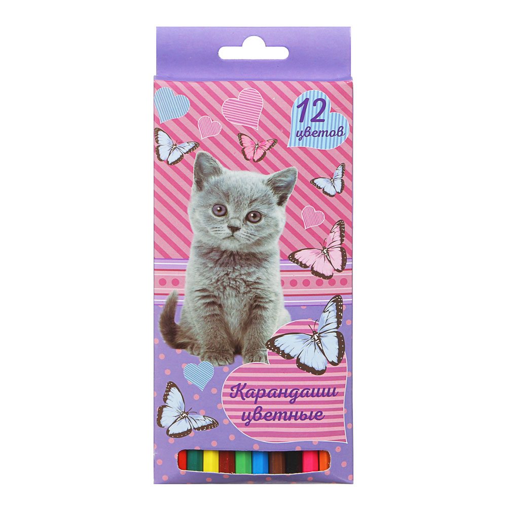 Свит Китти Карандаши цветные, 12 цветов, шестигранные заточенные, дерево, в карт.коробке с подвесом, арт.№ 228-158
