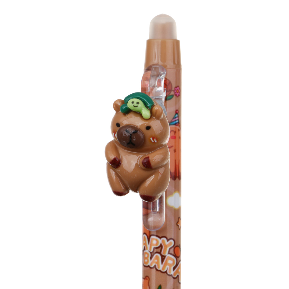 Авторучка гелевая "пиши-стирай" синяя, вращающаяся фигурка на клипе "Капибара", эргономичная накладка, 2 дизайна, арт.№ 591-227