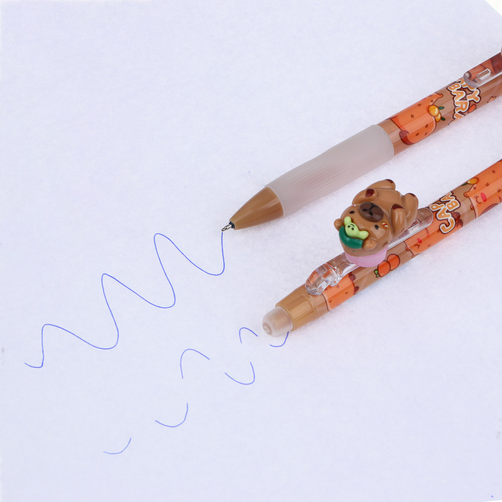 Авторучка гелевая "пиши-стирай" синяя, вращающаяся фигурка на клипе "Капибара", эргономичная накладка, 2 дизайна, арт.№ 591-227