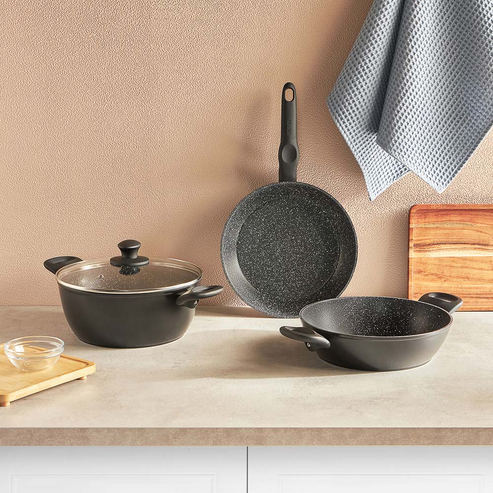 Набор посуды 4 предмета SATOSHI Стоун, сковорода, сотейник, кастрюля d24 см, крышка, антипригарное покрытие мрамор, арт.№ 846-433