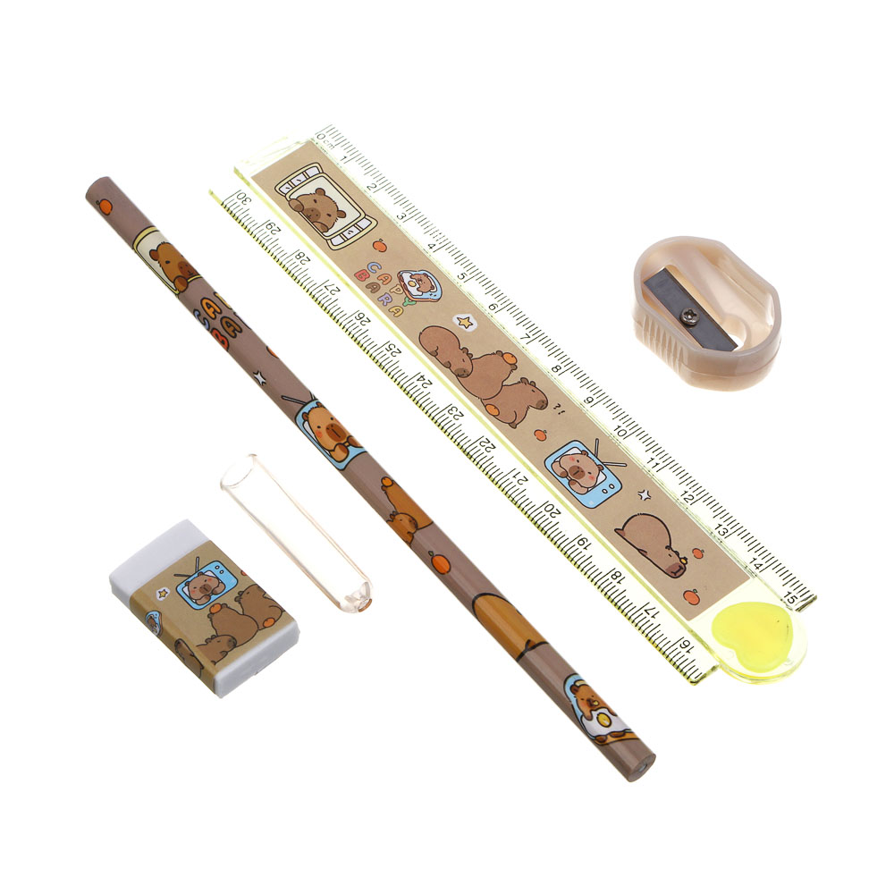 Набор канцелярский 4 пр., линейка раскладная, ластик, точилка, карандаш ч/гр "Капибара", ПВХ пенал, арт.№ 607-076