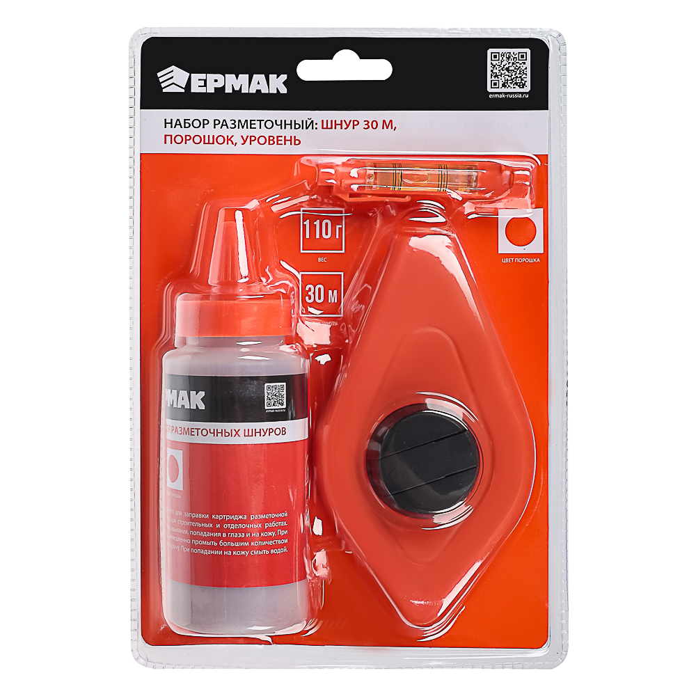 ЕРМАК Набор разметочный: шнур 30м в защитном корпусе, порошок, уровень, арт.№ 624-109