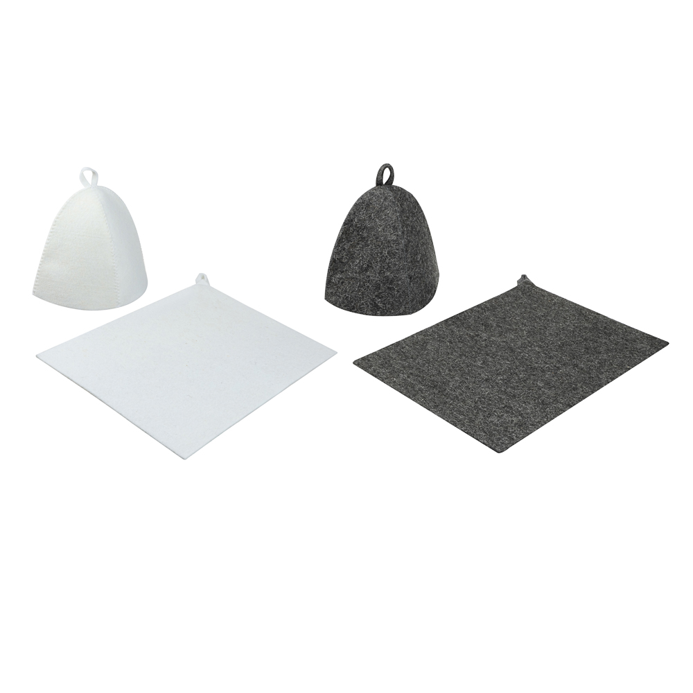 Набор банный ЭКОНОМ 2 предмета без вышивки (шапка, коврик) в пакете, войлок белый/серый, арт.№ 364-294