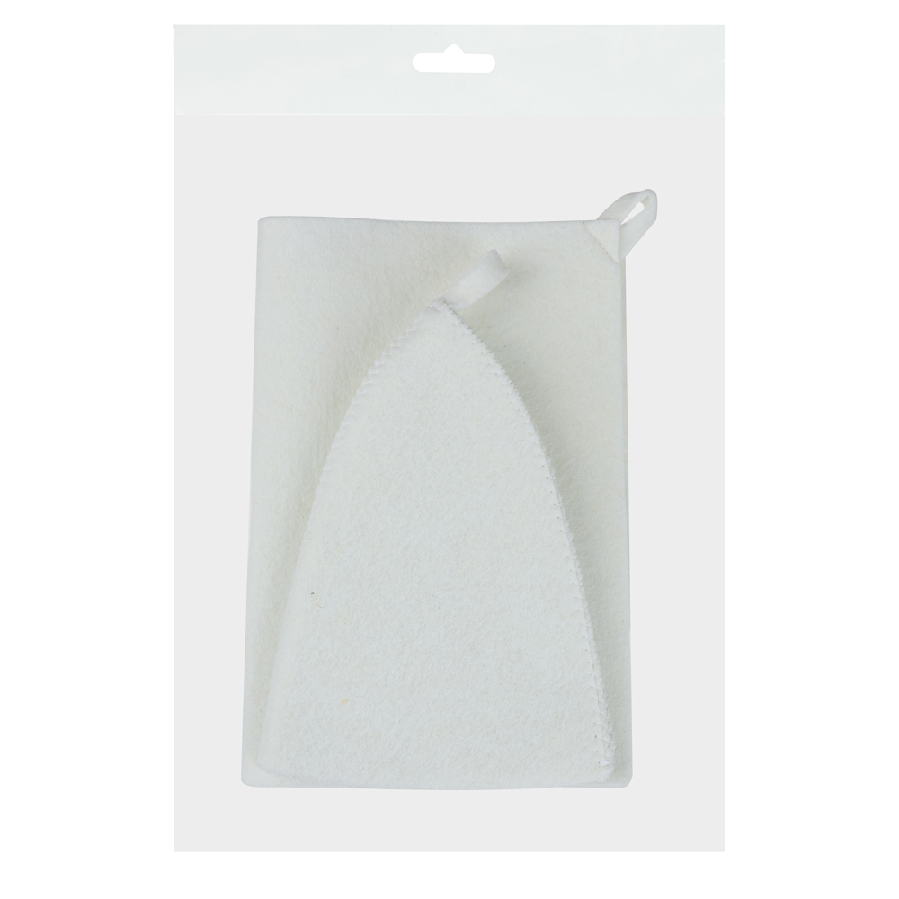 Набор банный ЭКОНОМ 2 предмета без вышивки (шапка, коврик) в пакете, войлок белый/серый, арт.№ 364-294