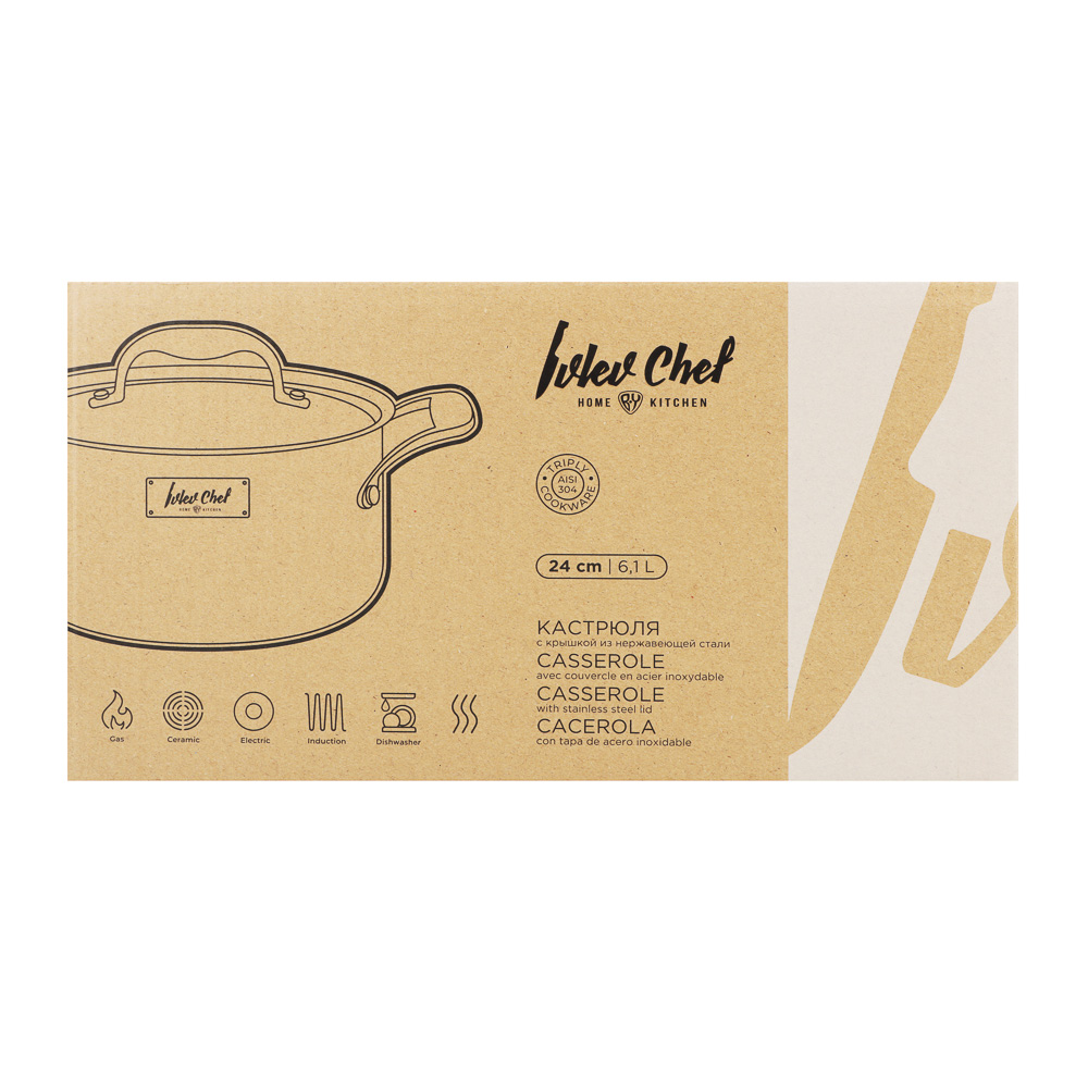 Ivlev Chef Ladoga Кастрюля 24х15см 6,1л, с нерж. крышкой, индукция, нерж.сталь 18/10, арт.№ 822-257