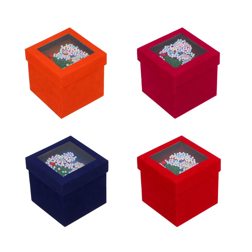 СНОУ БУМ Коробка подарочная бархатная, с ПВХ окном и декором внутри, 13x13x12,8 см, 4 цв.,квадратная, арт.№ 369-593