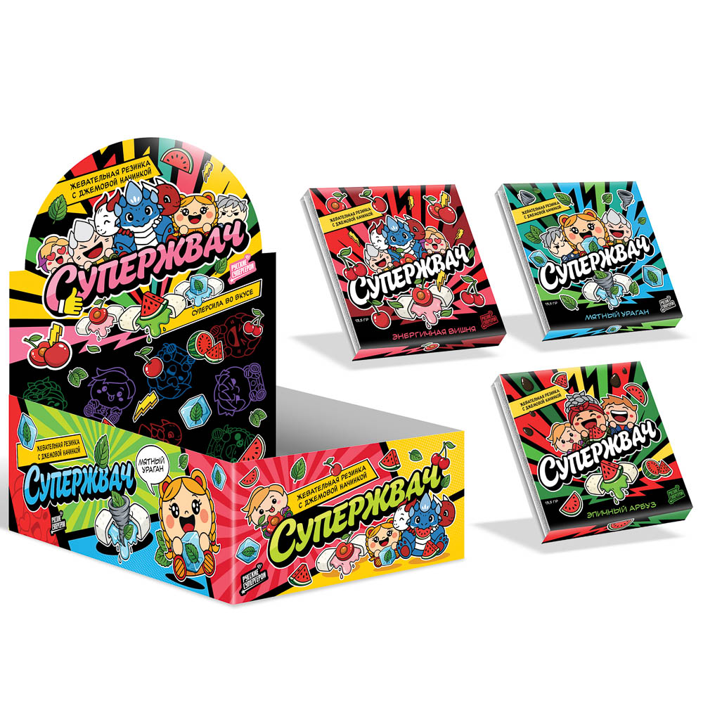 BY Русские Супергерои Жевательная резинка с джемовой начинкой со вкусом арбуз/вишня/мята 13,5 гр., арт.№ 347-529