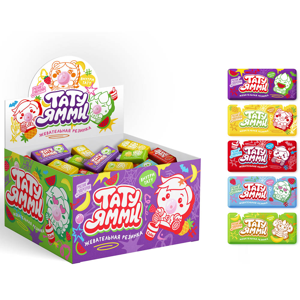 BY Русские Супергерои Жевательная резинка с тату со вкусом клубникой/арбуз/кола/ананас/банан 2,3 гр., арт.№ 347-530