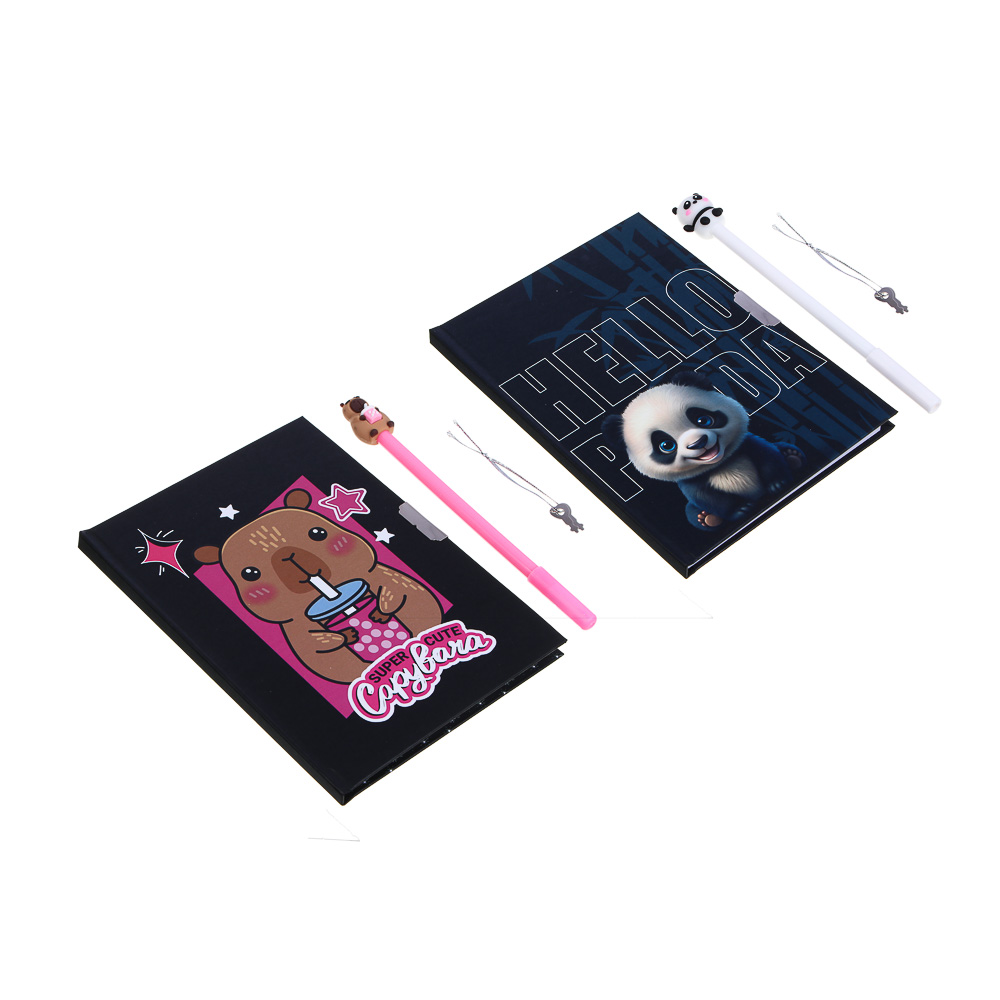 Записная книжка, 13х18 см, с замком, "Панда/Капибара", с фигурной ручкой, в коробке, арт.№ 524-297