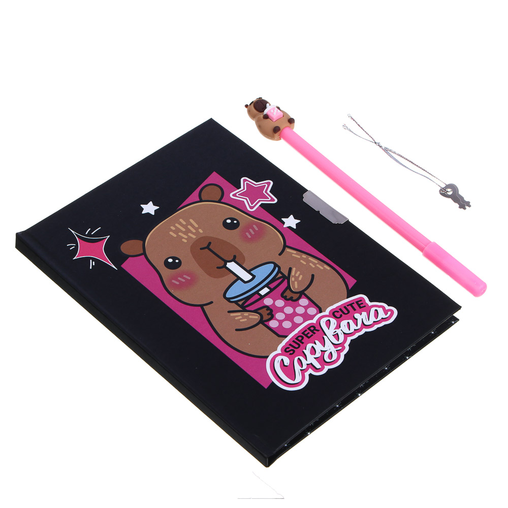 Записная книжка, 13х18 см, с замком, "Панда/Капибара", с фигурной ручкой, в коробке, арт.№ 524-297