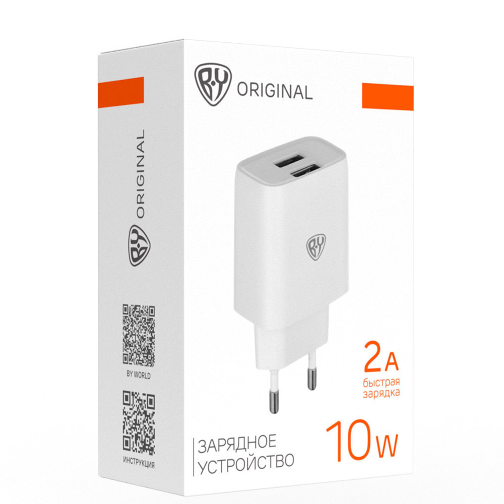 Сетевое зарядное устройство BY Double 10Вт, 2xUSB, 2А, 5В,110-240В, 50-60Гц, пластик белый, арт.№ 916-258