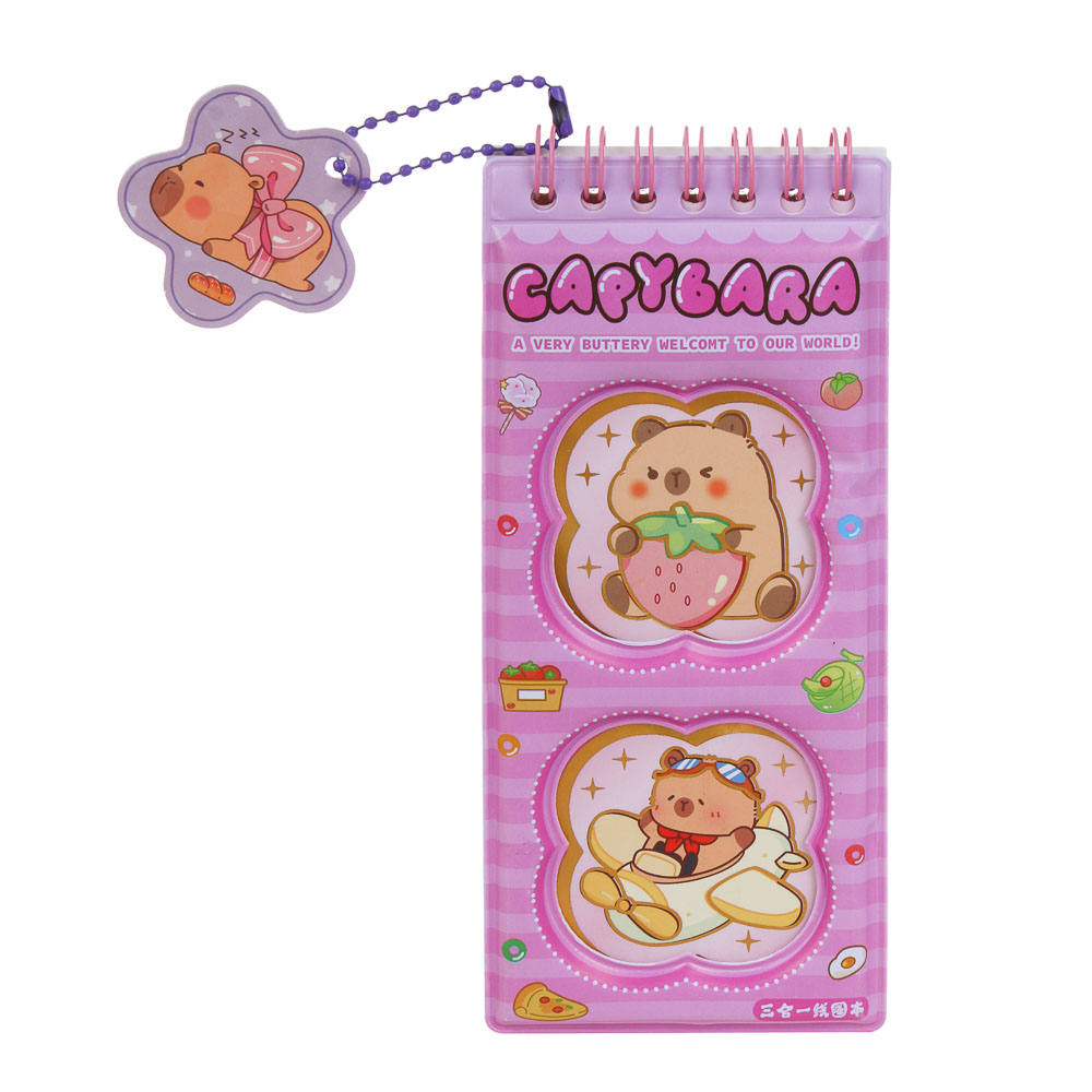 Записная книжка "Капибара" 7х26см, с наклейками и брелоком, PET, бумага, 4 дизайна, шоу-бокс, арт.№ 557-091