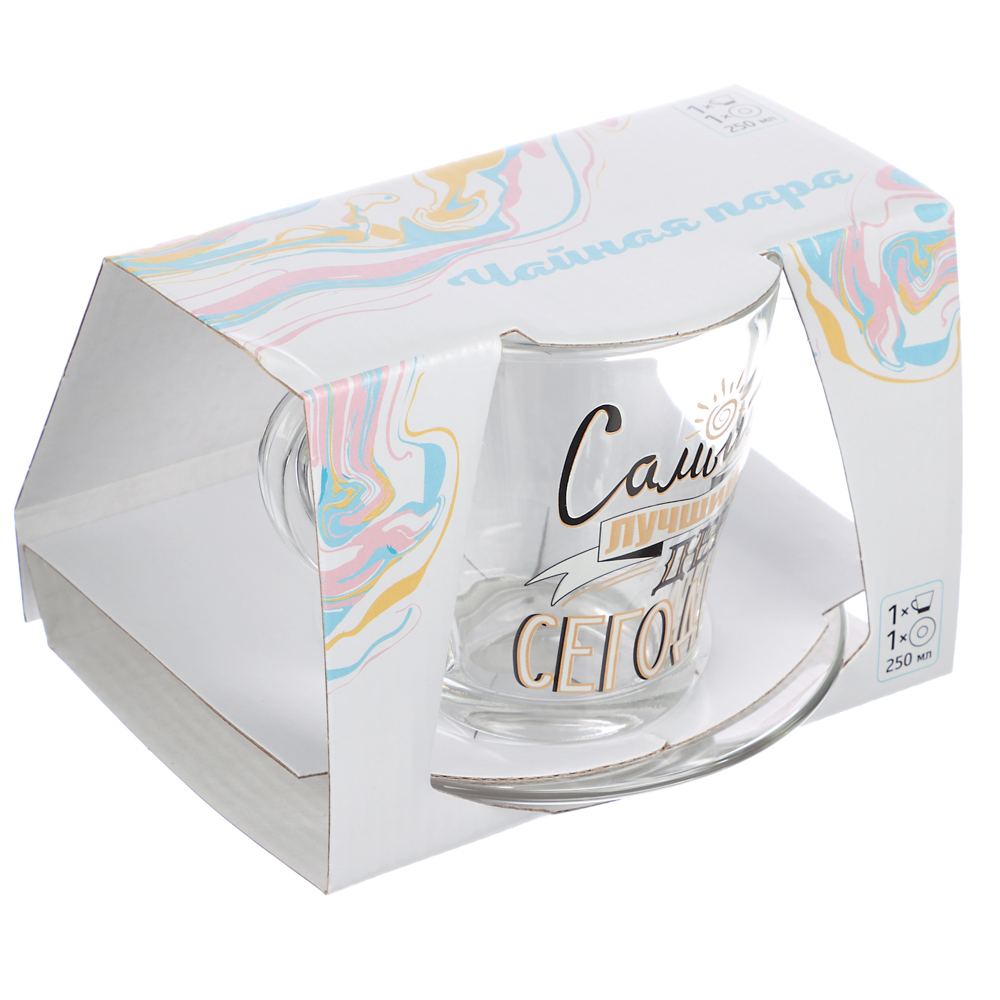 ОСЗ На позитиве  Чайная пара (кружка 250мл + блюдце D-13,2см), стекло, 5 дизайнов, арт.№ 878-584