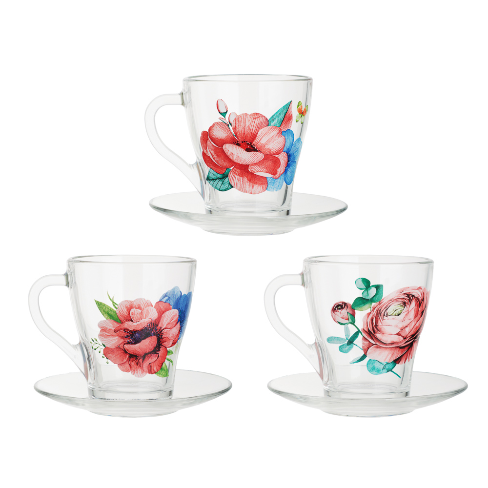 ОСЗ Анемоны Чайная пара (кружка 250 мл + блюдце D-13,2 см), стекло, 3 дизайна, арт.№ 878-585