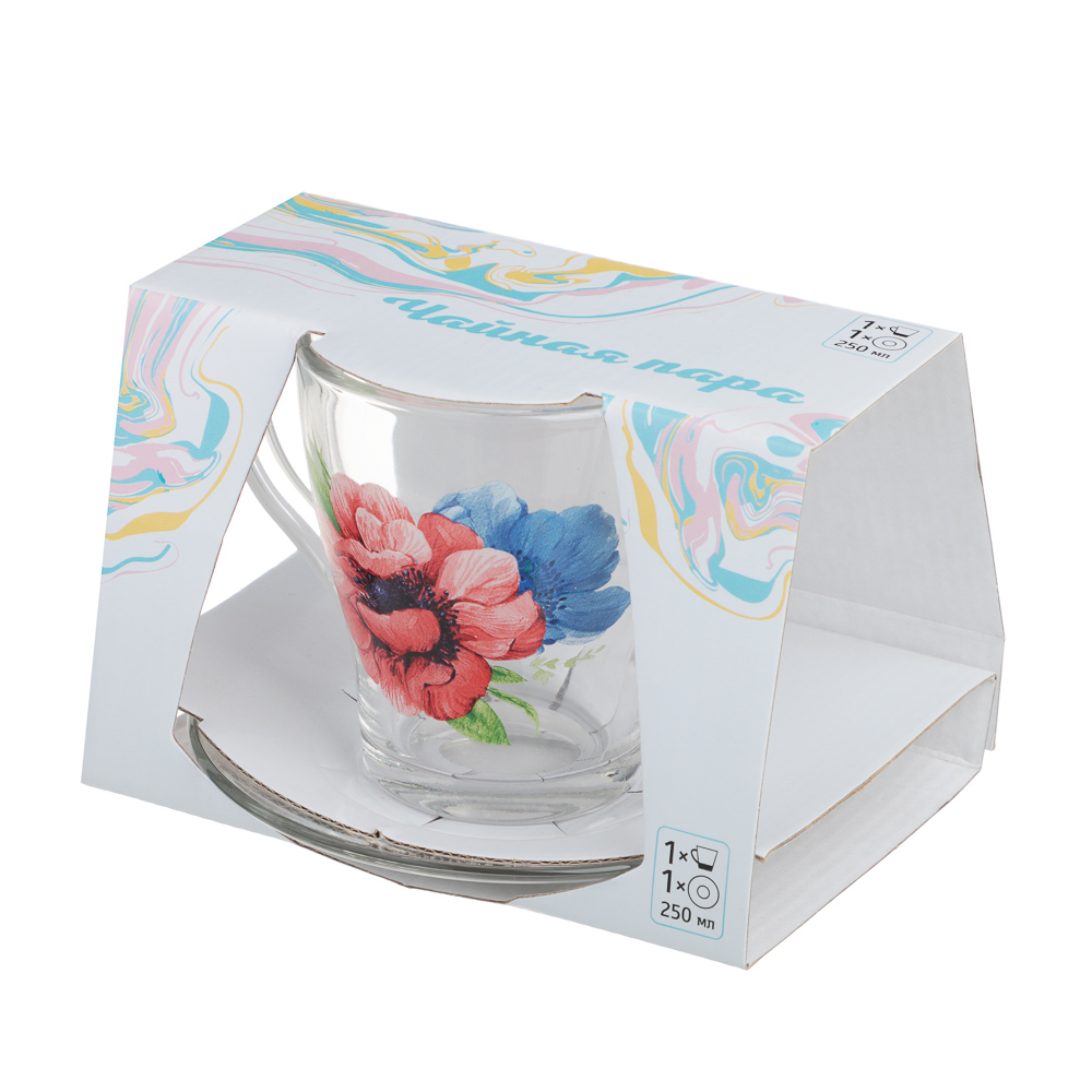 ОСЗ Анемоны Чайная пара (кружка 250 мл + блюдце D-13,2 см), стекло, 3 дизайна, арт.№ 878-585