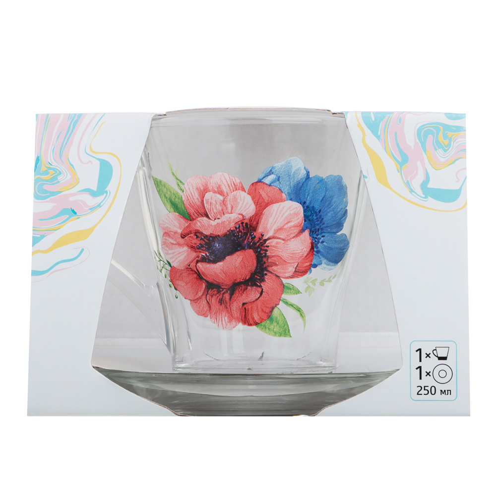 ОСЗ Анемоны Чайная пара (кружка 250 мл + блюдце D-13,2 см), стекло, 3 дизайна, арт.№ 878-585