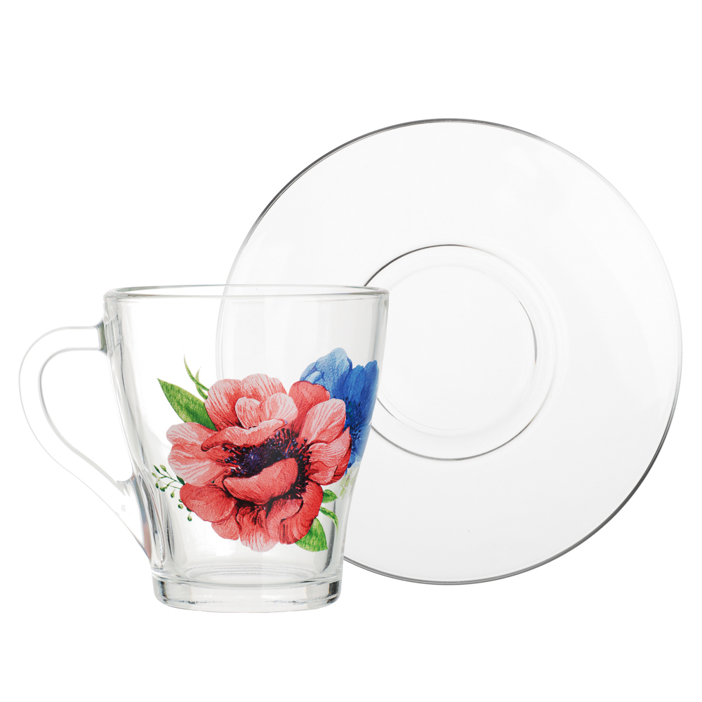 ОСЗ Анемоны Чайная пара (кружка 250 мл + блюдце D-13,2 см), стекло, 3 дизайна, арт.№ 878-585