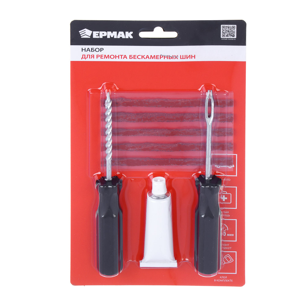 ЕРМАК Ремкомплект для б/к шин прямые ручки (клей, шило для жгута, шило спиральное), арт.2, арт.№ 777-007