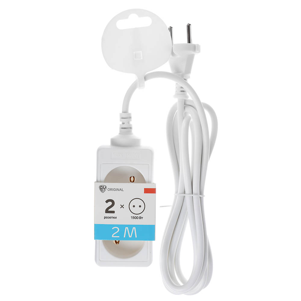 Удлинитель 2 гнезда 2м BY, сеч. провода 0,75 кв.мм, евророзетка, 6A, макс. мощность1500Вт, арт.№ 907-003