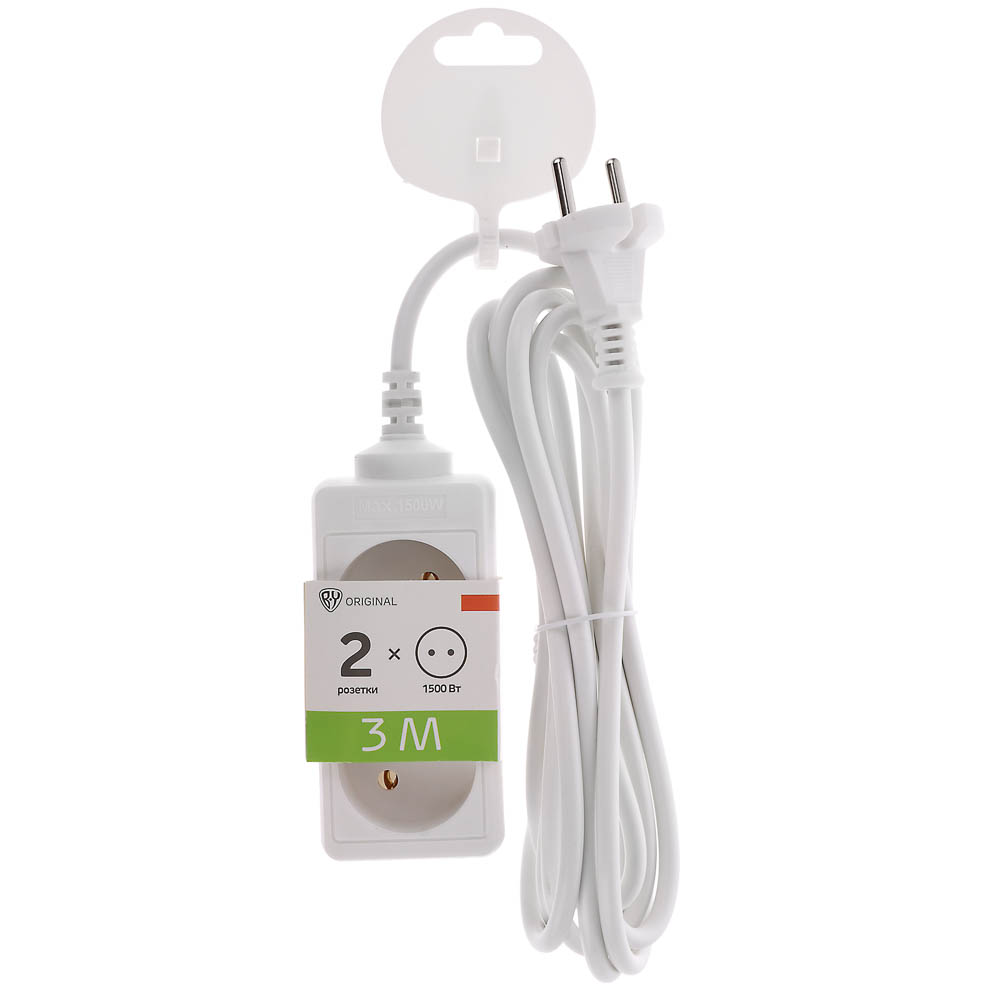 Удлинитель 2 гнезда 3м BY, сеч. провода 0,75 кв.мм, 3м, евророзетка, 6A, макс. мощность1500Вт, арт.№ 907-004