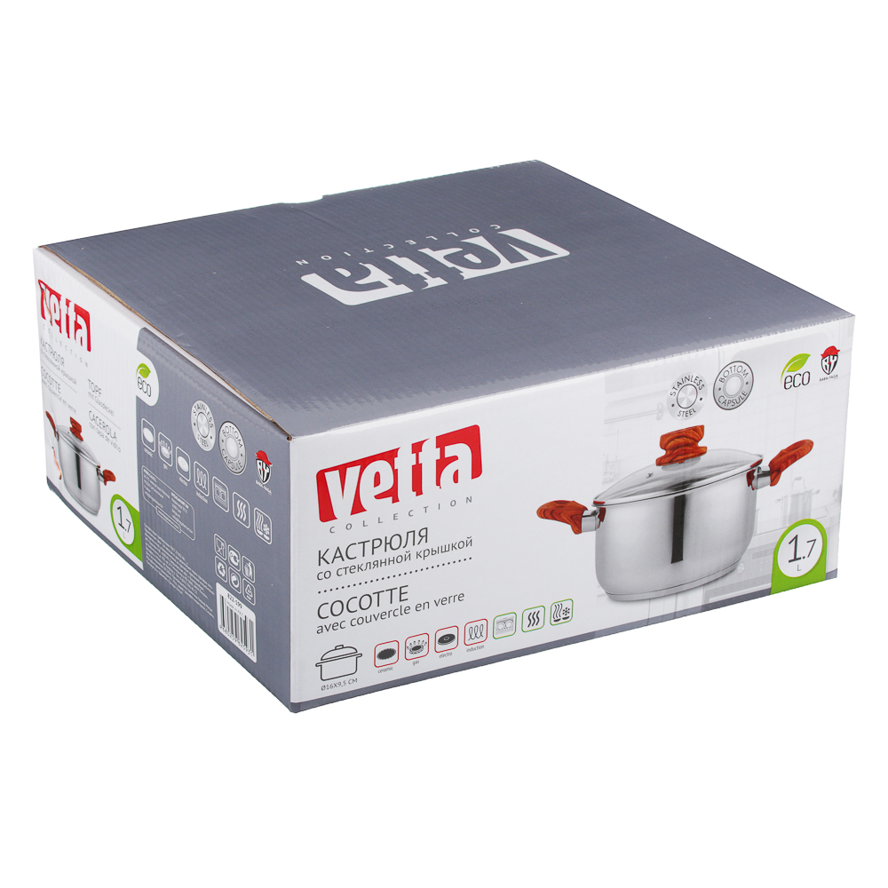 VETTA Боньер Кастрюля 16х9,5см, 1,7л, со стекл. крышкой, индукция, арт.№ 822-199