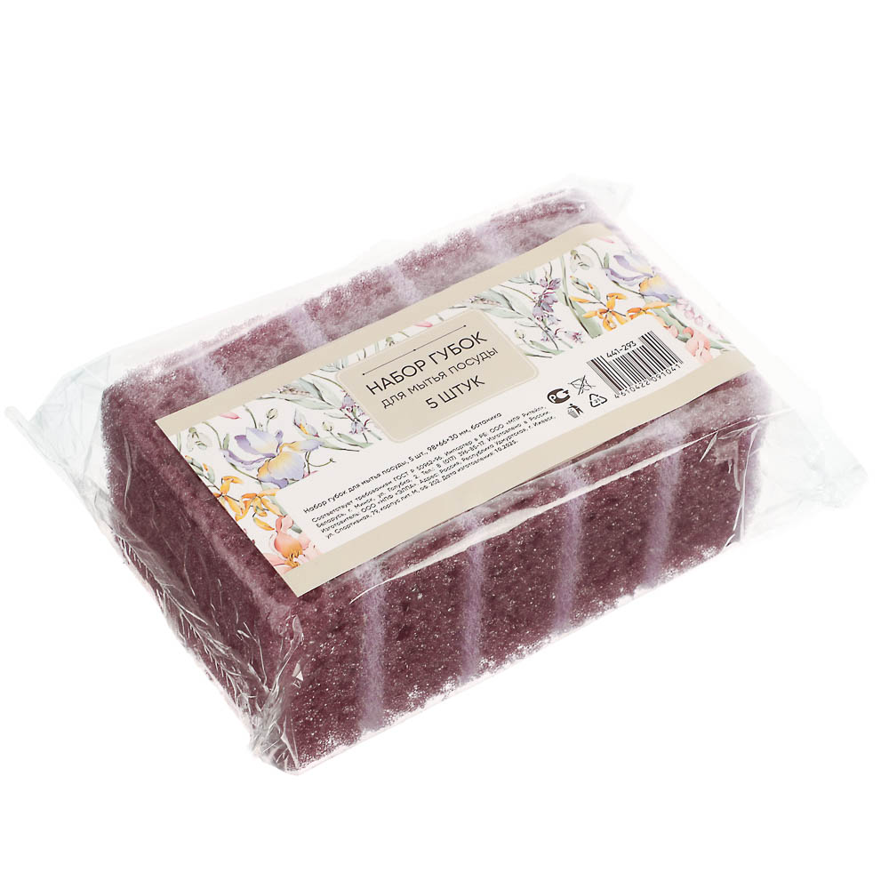 Набор губок для мытья посуды Ботаника, 98x66x30мм, поролон, 5 шт, арт.№ 441-293