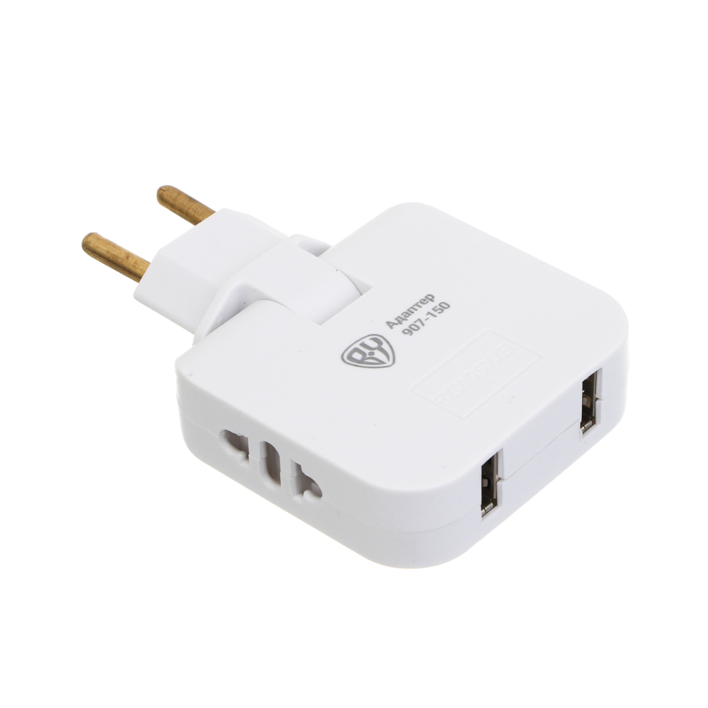 Разветвитель 2 гнезда BY плоский, поворотный, 180 градусов, 2хUSB-A,110-240В,50-60Гц, 6А, б/з, белый, арт.№ 907-150