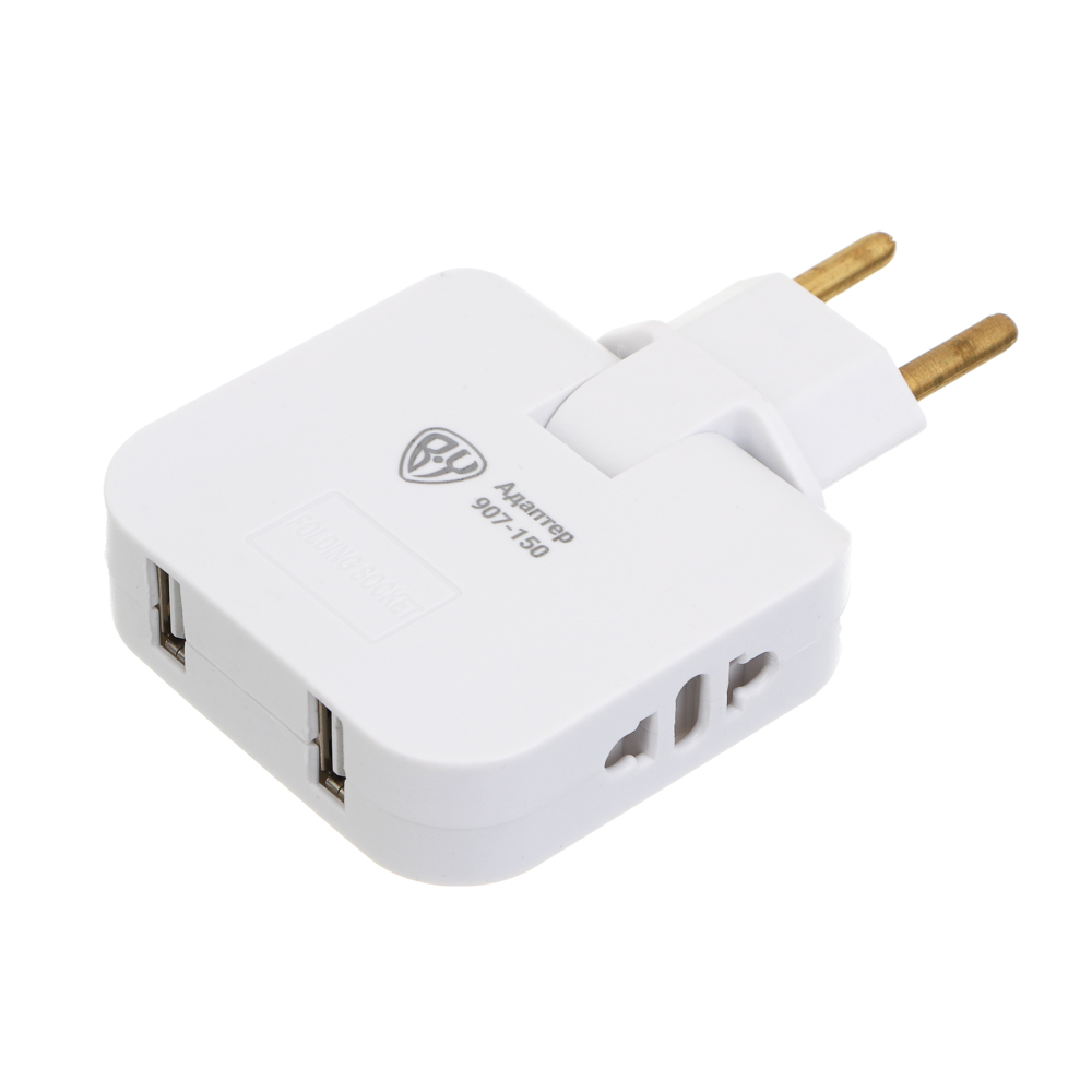 Разветвитель 2 гнезда BY плоский, поворотный, 180 градусов, 2хUSB-A,110-240В,50-60Гц, 6А, б/з, белый, арт.№ 907-150