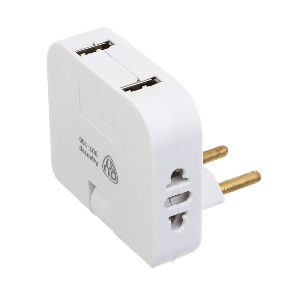 Разветвитель 2 гнезда BY плоский, поворотный, 180 градусов, 2хUSB-A,110-240В,50-60Гц, 6А, б/з, белый, арт.№ 907-150