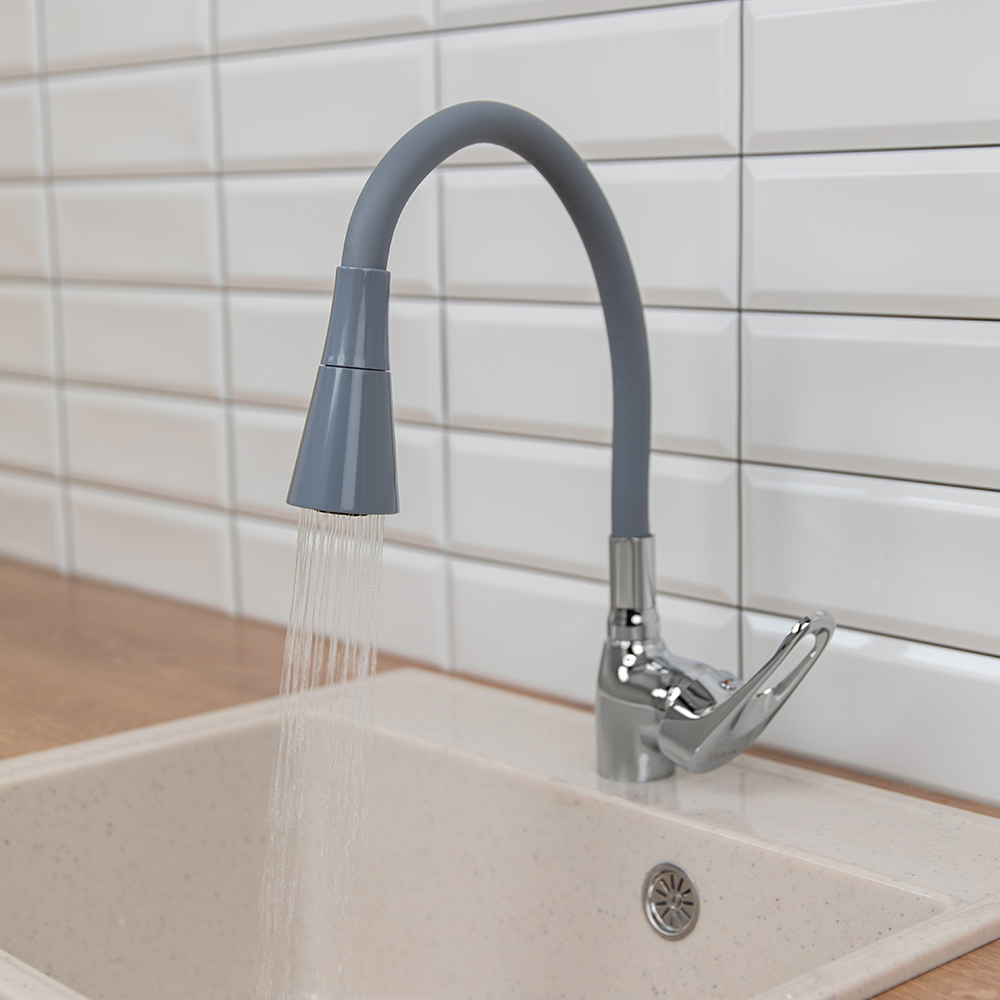 RAIN Смеситель для кухни Веста, гибкий излив, картридж 40мм, латунь, серый/хром, арт.№ 561-008