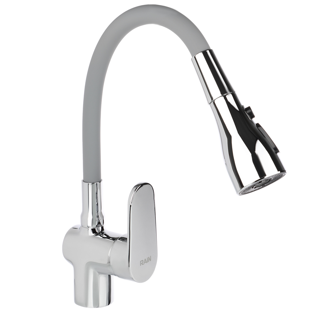 RAIN Смеситель для кухни Веста, силиконовый излив, 3 режима, картридж 40мм, латунь, серый/хром, арт.№ 561-010
