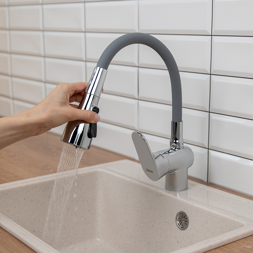 RAIN Смеситель для кухни Веста, силиконовый излив, 3 режима, картридж 40мм, латунь, серый/хром, арт.№ 561-010