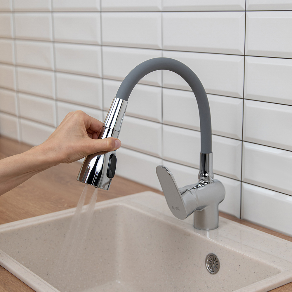 RAIN Смеситель для кухни Веста, силиконовый излив, 3 режима, картридж 40мм, латунь, серый/хром, арт.№ 561-010