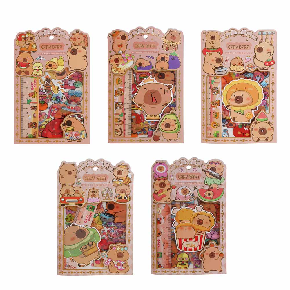 Набор канцелярский "Капибара", наклейки 4 листа, линейка 15см, брелок, пластик, бумага, 6 дизайнов, арт.№ 557-097