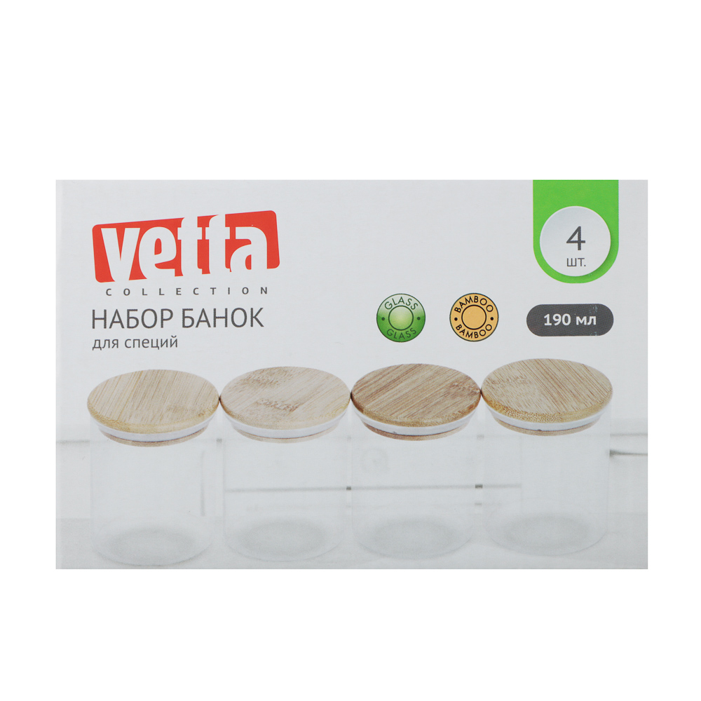 VETTA ЭКО Набор банок для специй, 4шт., 190мл,стекло, бамбук, арт.№ 828-330