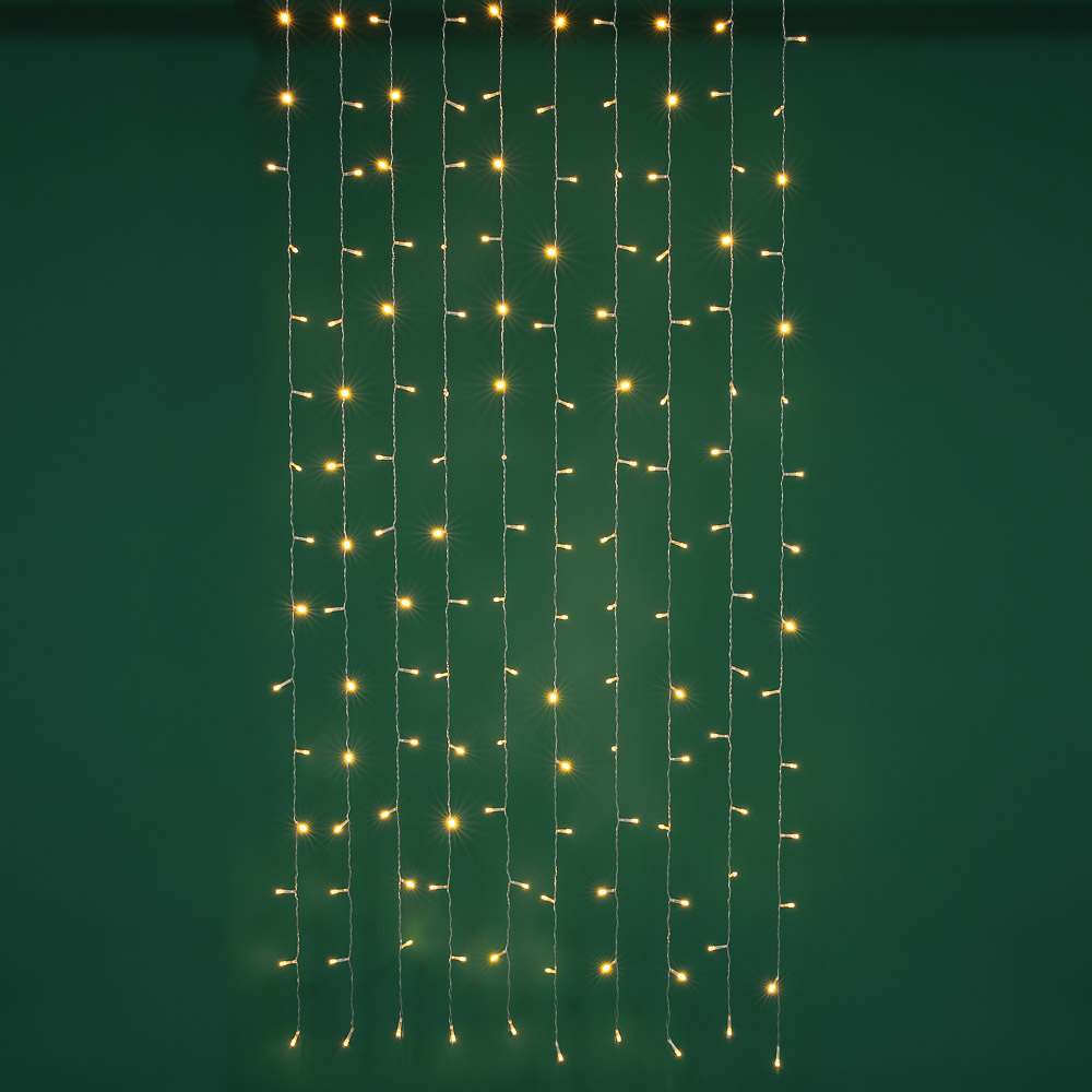 Гирлянда занавес 1.5x1.5 м СНОУ БУМ, 150 LED ламп, постоянное свечение шампань, ПВХ прозрачный, 10 нитей, 220В, арт.№ 382-078
