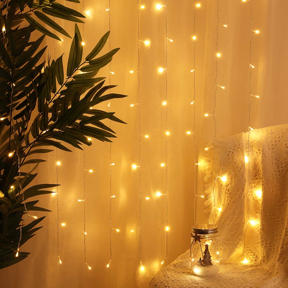 Гирлянда занавес 1.5x1.5 м СНОУ БУМ, 150 LED ламп, постоянное свечение шампань, ПВХ прозрачный, 10 нитей, 220В, арт.№ 382-078