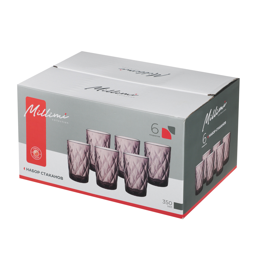 MILLIMI Набор стаканов высоких 6 шт, 350 мл, стекло, бордовый ромб, арт.№ 878-635