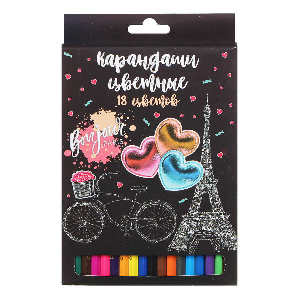 Френч Новел Карандаши цветные, 18 цветов, шестигранные заточенные, дерево, в карт.коробке с подвесом, арт.№ 228-167