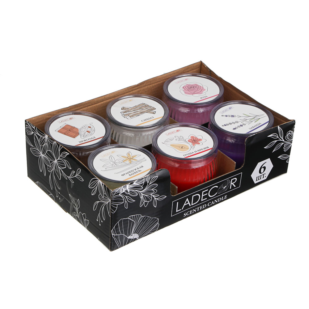 LADECOR Свеча ароматическая в стеклянном подсвечнике, парафин,7x6,5 см, 6 цветов, арт.№ 508-823