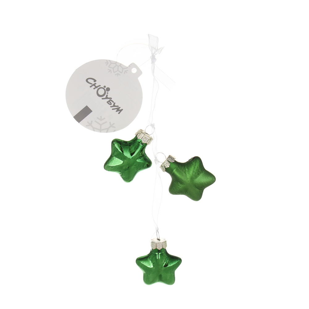 СНОУ БУМ Набор украшений "Звездочки" на ленте 5x3,9 см, 3 шт, стекло зеленые, арт.№ 368-120