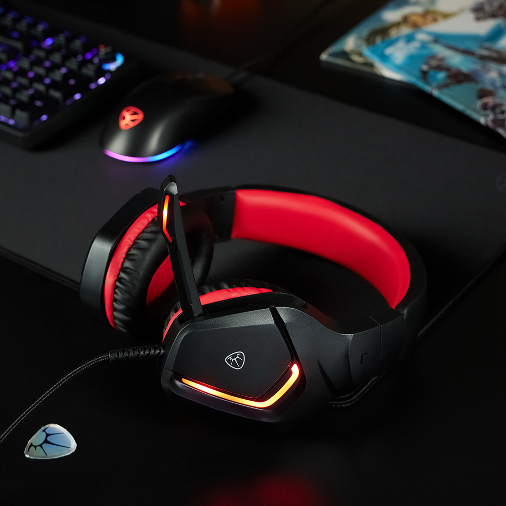 Наушники проводные с микрофоном игровые BY Bascinet USB 3,2 м, красная подсветка, арт.№ 410-084