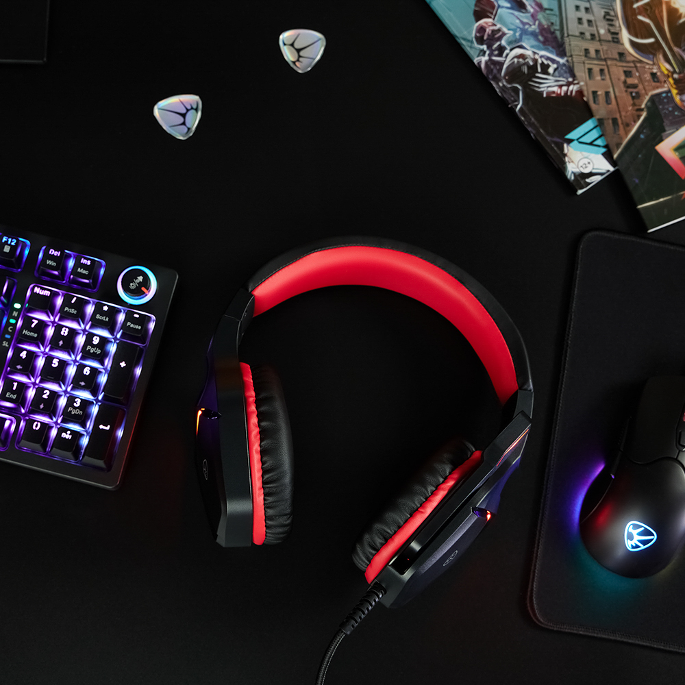 Наушники проводные с микрофоном игровые BY Bascinet USB 3,2 м, красная подсветка, арт.№ 410-084