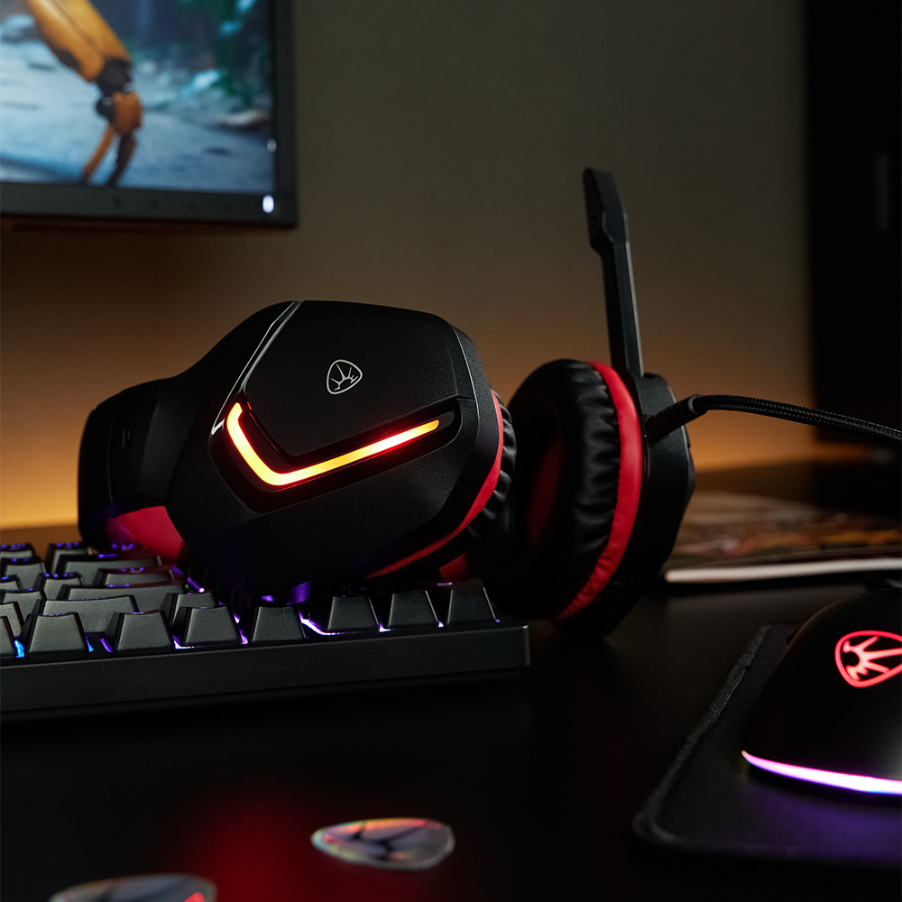 Наушники проводные с микрофоном игровые BY Bascinet USB 3,2 м, красная подсветка, арт.№ 410-084