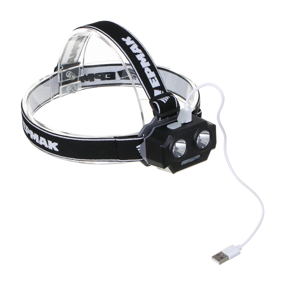 Фонарь налобный тм ЕРМАК, 2 P30 LED +3 SMD, 5 режимов, 1200мАч, 7,2х4,8х4см, USB кабель, пластик, арт.№ 221-073