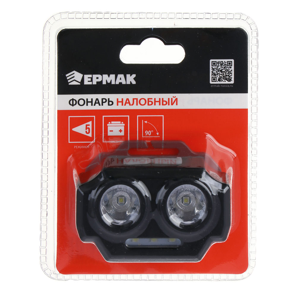 Фонарь налобный тм ЕРМАК, 2 P30 LED +3 SMD, 5 режимов, 1200мАч, 7,2х4,8х4см, USB кабель, пластик, арт.№ 221-073
