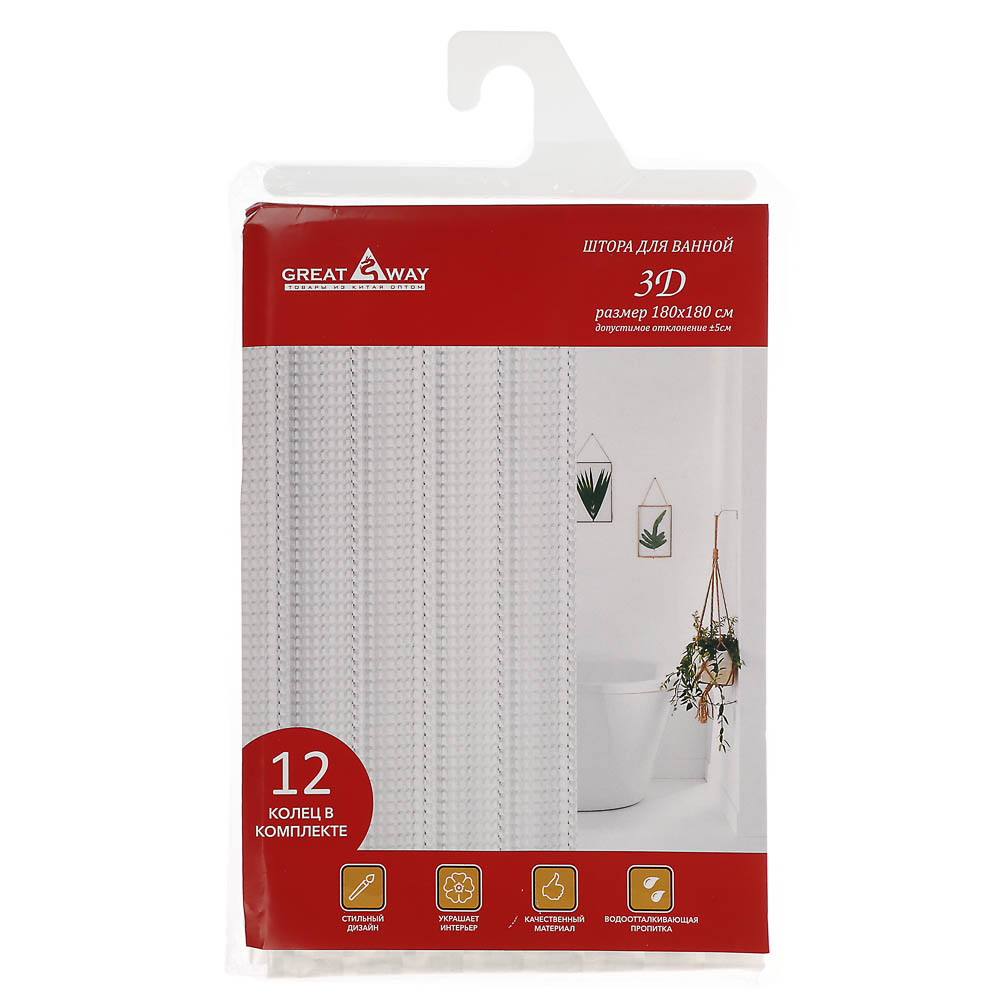 Штора для ванной 3D геометрия 180х180см (12 колец), ПЕВА, ромбики, арт.№ 461-676