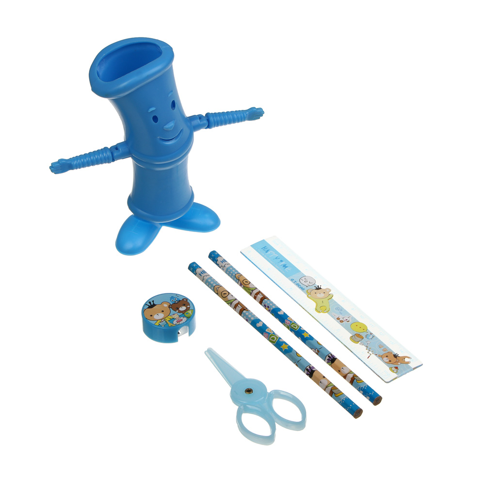 Набор канц.6пр.(подставка с двиг.ручками,карандаш ч/гр 2шт,точилка,ножницы,линейка)уп.29х12х4см,4цв., арт.№ 532-087