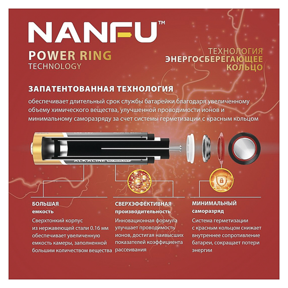 Батарейки AA Nanfu (LR6) 4шт в блистере, щелочные 1.5В, высокой ёмкости, арт.№ 917-136